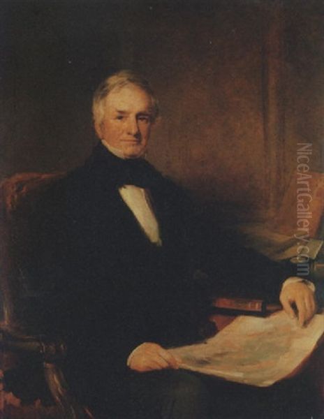 Portrait Of Sir Richard John Griffith, 1st Bt., In A Black Frock Coat And White Shirt, His Left Arm Resting On A Book, Holding A Geological Map Of Ireland In His Right Hand, In An Interior Oil Painting by Stephen Catterson Smith