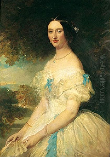 Portrait Of Mary Sankey Wearing A White Silk Dress And Holding A Fan, A Landscape Beyond Oil Painting by Stephen Catterson Smith