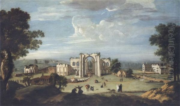 A Church Procession Entering Furness Abbey Oil Painting by Thomas (of Derby) Smith