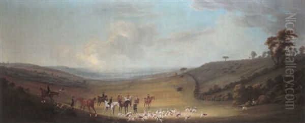 An Extensive Landscape With Hunting Party Oil Painting by Thomas (of Derby) Smith