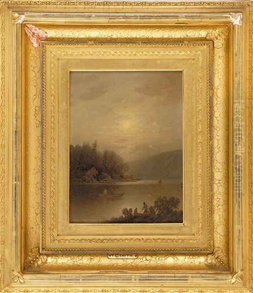 Moonlit Lake Scene With Figures In Rowboats Oil Painting by Thomas Lochlan Smith