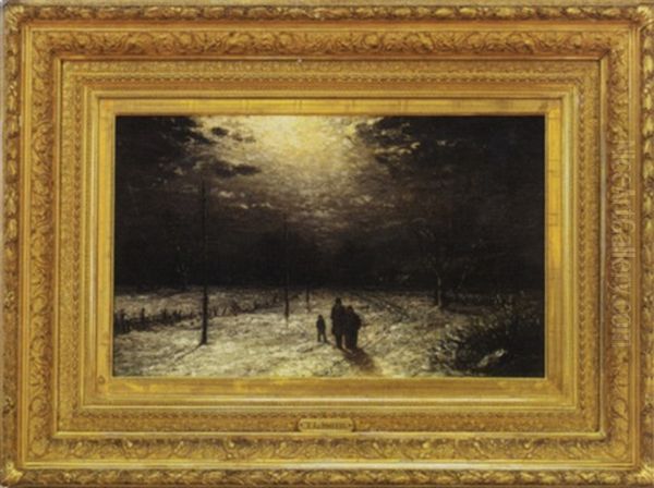 Figures In A Winter Evening Landscape Oil Painting by Thomas Lochlan Smith