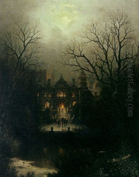 A Winter Landscape With Figures Carolling On The Steps Of A Mansion Oil Painting by Thomas Lochlan Smith