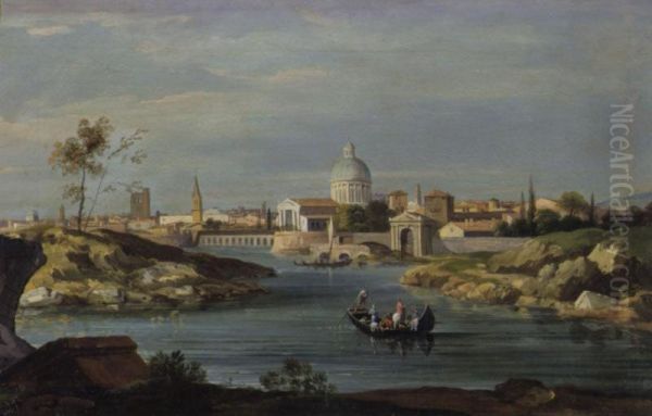 River Landscape With A Town Beyond Oil Painting by Pietro Brancaleone