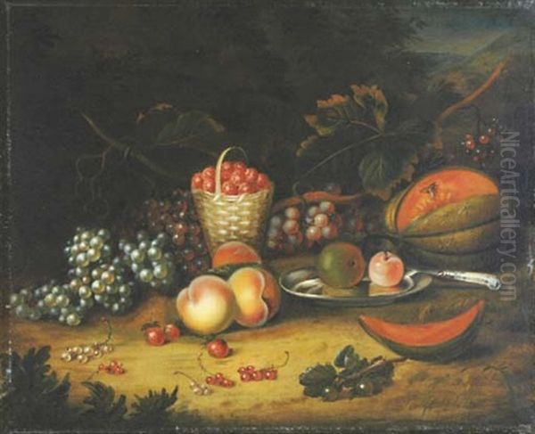 Still Life With Fruit In A Forest Glade Oil Painting by William Smith