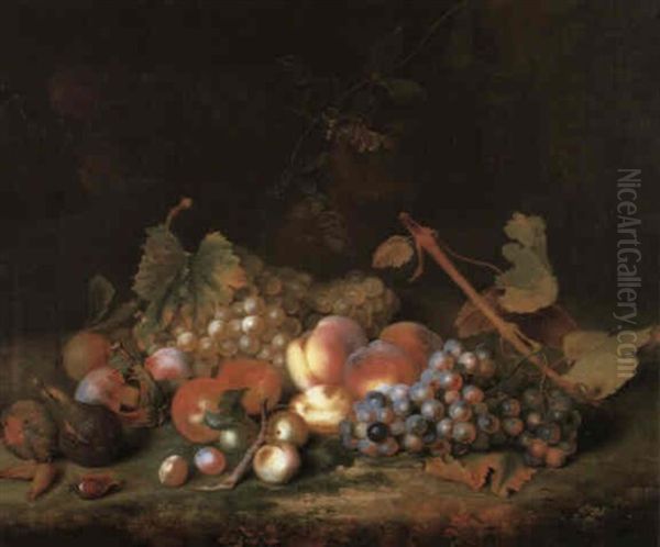 Still Life Of Grapes, Peaches, Figs, Plums And Cobnuts On A Mossy Bank Oil Painting by William Smith