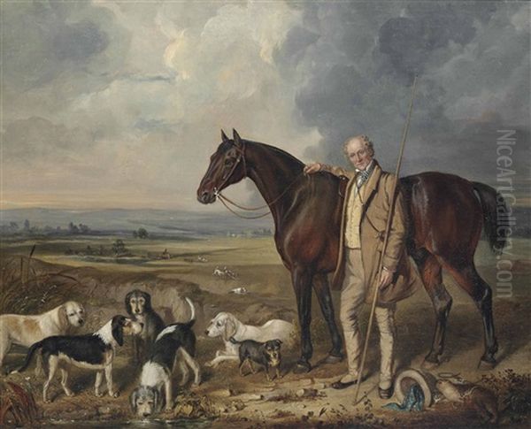 Sir Rowland Hill, Of Hawkstone (1772-1842), With Otter Hounds, A Terrier And His Horse, In An Extensive Landscape Oil Painting by William Collingwood Smith