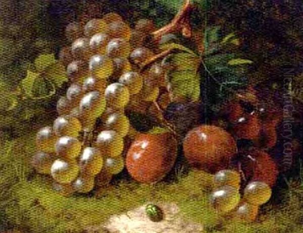 Grapes And Plums On A Mossy Bank (+ Grapes, Plums And A Peach, With A Butterfly On A Mossy Bank; Pair) Oil Painting by William Harding Smith