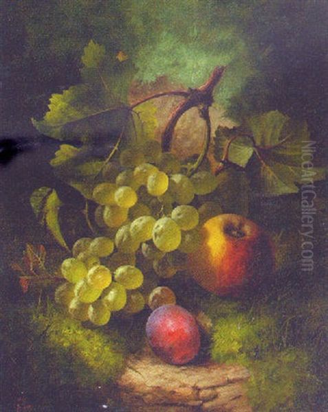 Grapes, A Plum And An Apple On A Mossy Bank Oil Painting by William Harding Smith