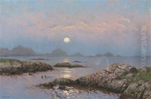 Kystlandskap I Maneskinn Oil Painting by Frithjof Smith-Hald