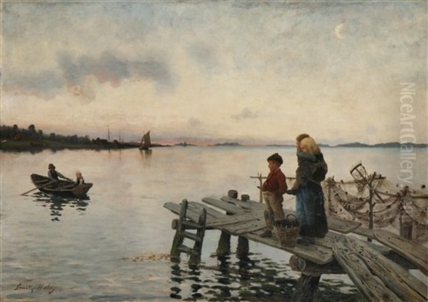 Aftenstemning Pa Bryggen Oil Painting by Frithjof Smith-Hald