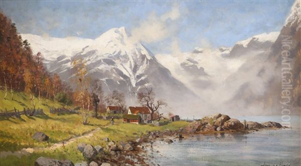 Fjordlandskap Med Gard Og Folkeliv Oil Painting by Frithjof Smith-Hald