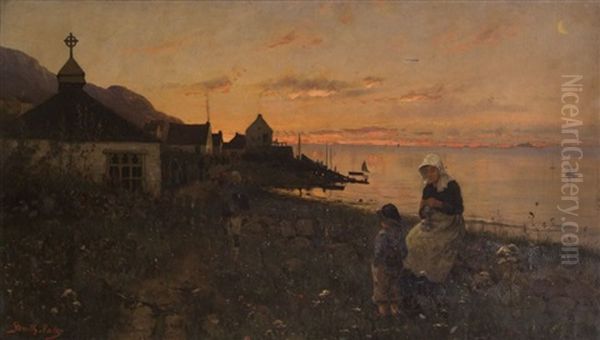 Femme Et Son Enfant Au Bord De La Mer Oil Painting by Frithjof Smith-Hald