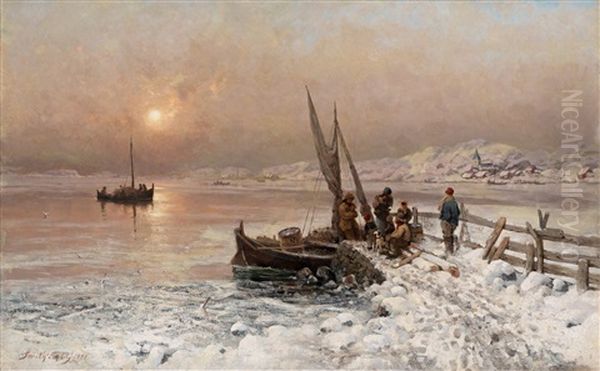 Vinterfiske Oil Painting by Frithjof Smith-Hald