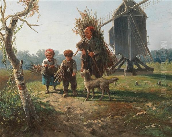 Brushwood Gatherers By A Windmill Oil Painting by Jan Geerard Smits