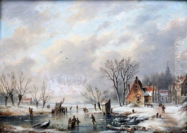 Ijsgezicht Met Een Winters Dorp Oil Painting by Jan Geerard Smits