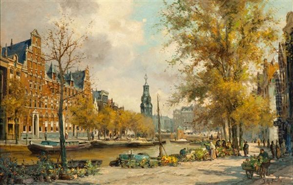 View Of The Flower Market On The Singel With The Munttoren In The Background, Amsterdam Oil Painting by Jan Geerard Smits