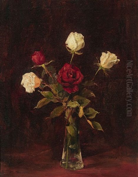 Roses In A Glass Vase Oil Painting by Jan Geerard Smits