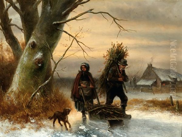 Figures With A Dog On The Ice Oil Painting by Jan Geerard Smits