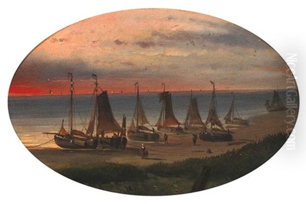 Flatboats On The Beach Oil Painting by Jan Geerard Smits