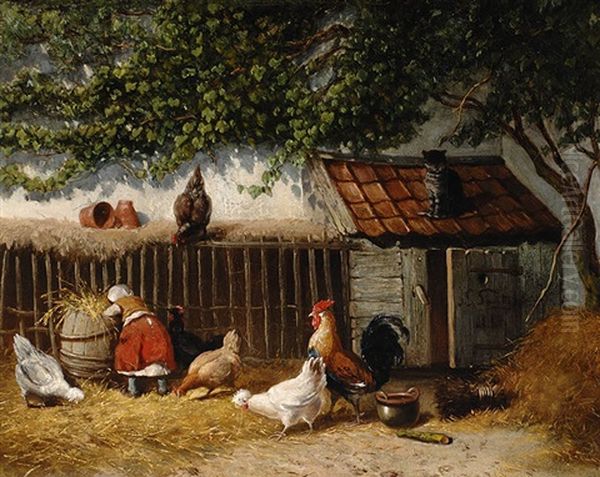 Farmyard With Chickens Oil Painting by Jan Geerard Smits