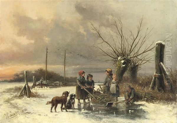 Children Gathering Firewood On The Ice Oil Painting by Jan Geerard Smits