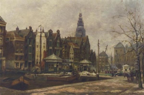 Damrak Entree Amsterdam: A View Of The Damrak, Amsterdam Oil Painting by Jan Geerard Smits