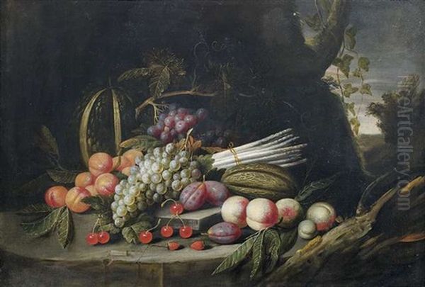 Obst- Und Gemusestilleben Vor Landschaftshintergrund Oil Painting by Theodorus (Dirk) Smits