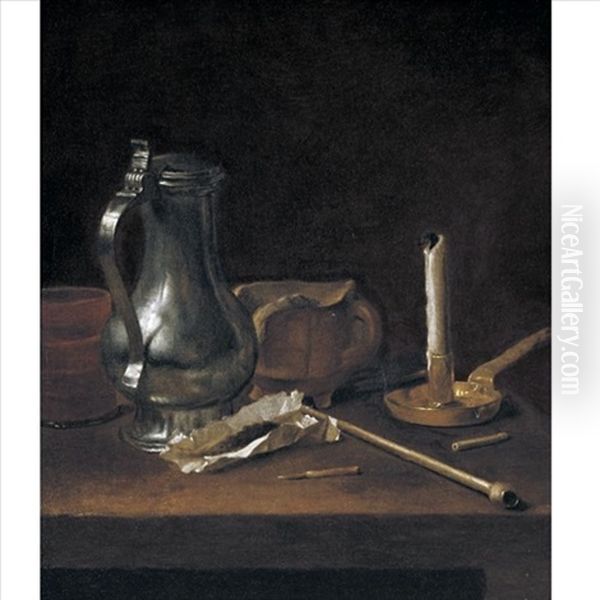 Toebackje Still Life With Pewter Jug, Tobacco, Pipe And Candle Oil Painting by Theodorus (Dirk) Smits