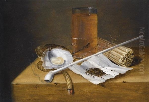 A Toebackje Still Life With A Pipe, Two Oysters, A Glass Of Beer, Tobacco, Sulphur Sticks And Burning Taper, All On A Wooden Ledge Oil Painting by Theodorus (Dirk) Smits