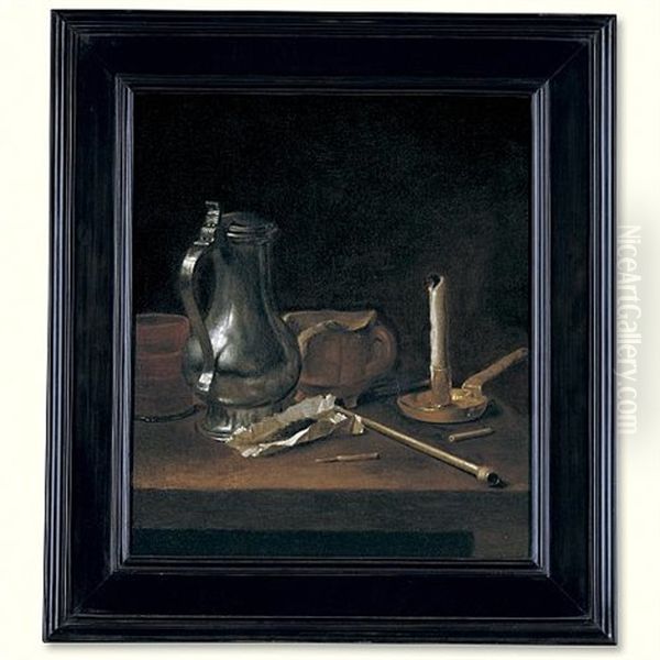 Toebackje Still Life With Pewter Jug, Tobacco, Pipe And Candle Oil Painting by Theodorus (Dirk) Smits