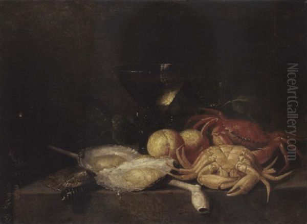 A Roemer, Peaches, Crabs, Oysters, A Clay Pipe And A Knife On A Stone Shelf Oil Painting by Theodorus (Dirk) Smits