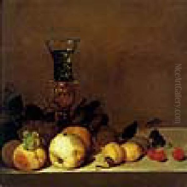 Fruits Et Verre Rohmer Sur Un Entablement Oil Painting by Theodorus (Dirk) Smits