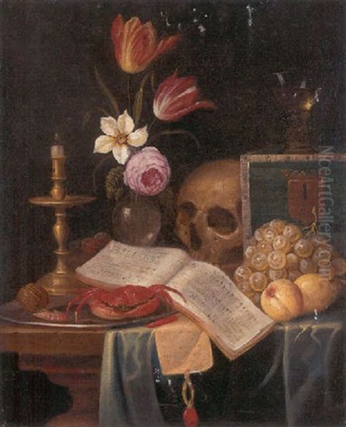 A Vanitas Still Life Of A Candle, A Vase Of Flowers, A Skull, A Roemer, A Crab, A Shrimp, And A Hazelnut On A Platter, With A Book, A Letter And Fruits On A Table by Gaspar (Smits, Smith) Smitz