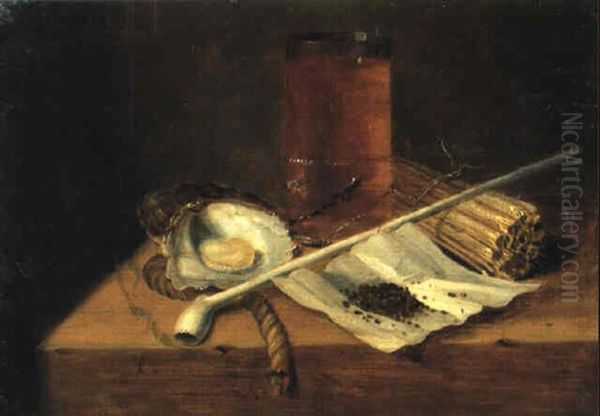 Toebackje: Beer Glass, Matches, Pipe, Oyster And Fuse On A Table Oil Painting by Gaspar (Smits, Smith) Smitz