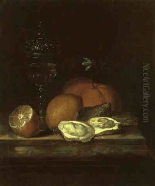 Still Life With Glass Of Wine, Lemons, Oranges And Oysters On A Marble Ledge Oil Painting by Gaspar (Smits, Smith) Smitz