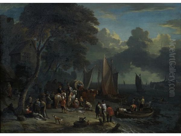 Figures On The Banks Of A River Oil Painting by Lucas Smont the Younger