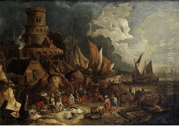 Fishermen Preparing Their Catch In A Busy Harbour Oil Painting by Lucas Smont the Younger