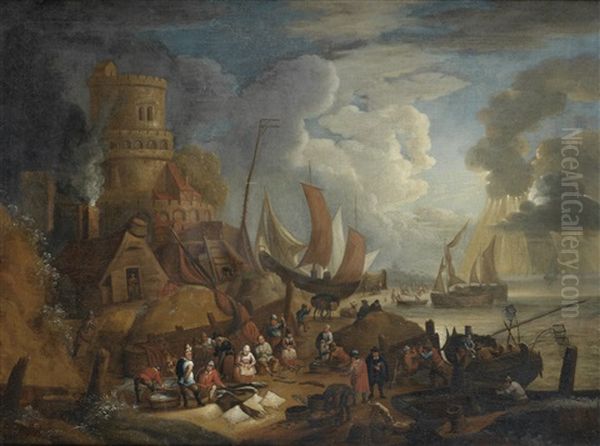 Fishermen In Boats Approaching The Shore With Their Catch, With A Village In The Distance; And A Fishmarket (2 Works) Oil Painting by Lucas Smont the Younger