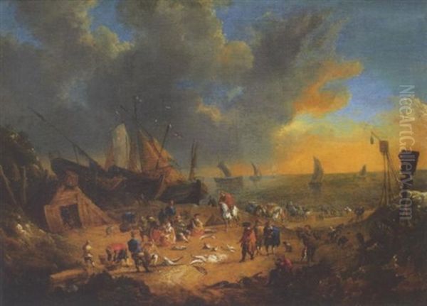 Elegant Figures Inspecting The Catch On A Beach With Sailing Barges And Shipping Beyond Oil Painting by Lucas Smont the Younger