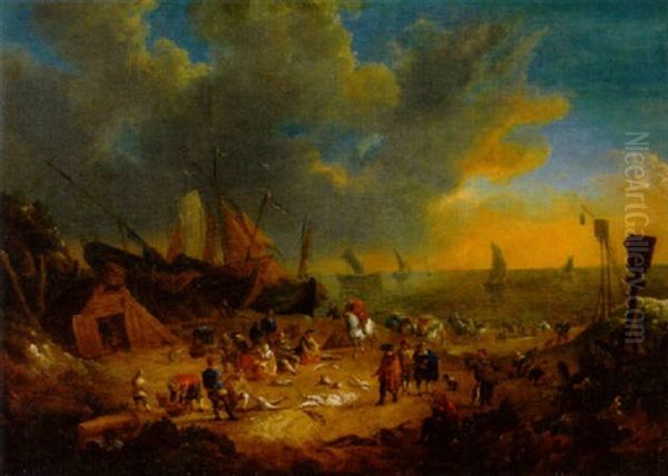 Elegant Figures Inspecting The Catch On A Beach With Sailing Barges And Shipping Beyond by Lucas Smont the Younger