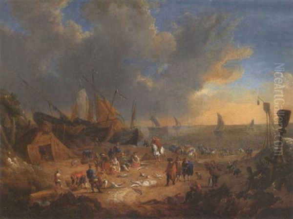 Elegant Figures Inspecting Their Catch On A Beach With Sailing Barges And Shipping Beyond Oil Painting by Lucas Smont the Younger