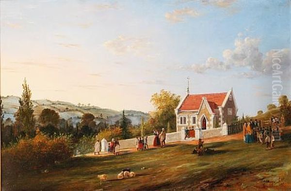 Children In The Playground Of A Gothic Style Village School (+ Congregation Before A Chapel In An Extensive Partly Wooded Landscape; Pair) Oil Painting by William (Lieutenant) Smyth