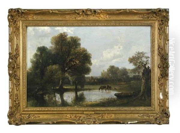 Heavy Horses Watering At A Village Pond Oil Painting by Edward Robert Smythe