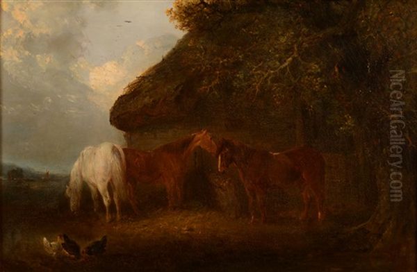 Ponies Before A Barn Oil Painting by Edward Robert Smythe