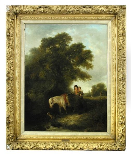 A Woman And A Child With A Grey Pony Oil Painting by Edward Robert Smythe