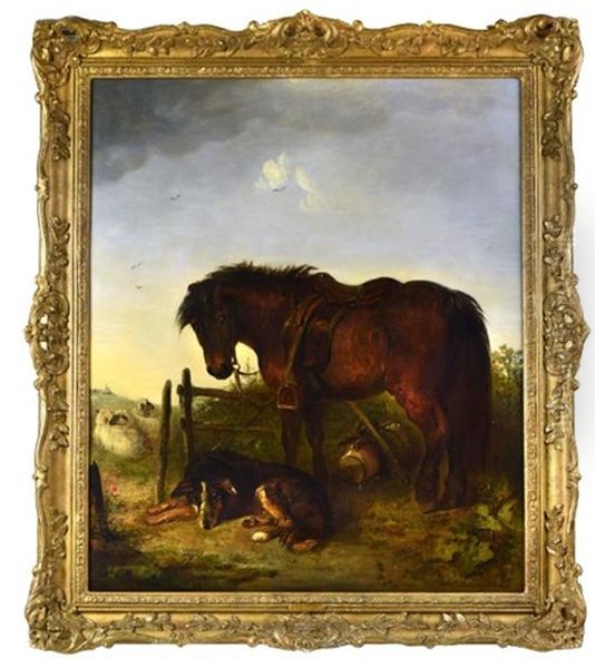 A Dark Bay Highland Pony And A Collie In A Landscape Oil Painting by Edward Robert Smythe