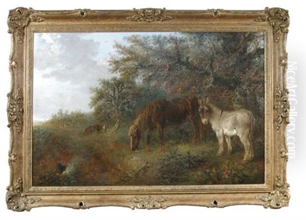 A Chestnut Pony And A Donkey, With A Gypsy Encampment Beyond Oil Painting by Edward Robert Smythe