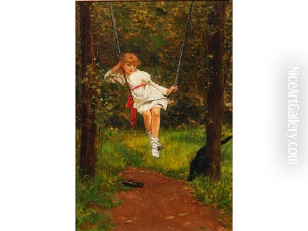 A Girl On A Swing In A Garden Oil Painting by Lionel Percy Smythe