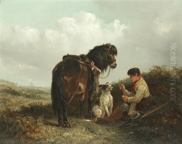 The Midday Meal, A Boy With His Pony And Dog Oil Painting by Thomas Smythe